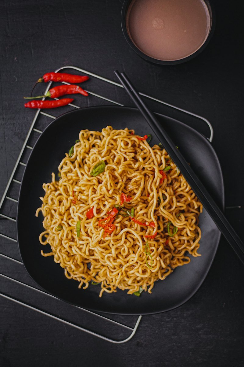 Spicy noodles with chopsticks
